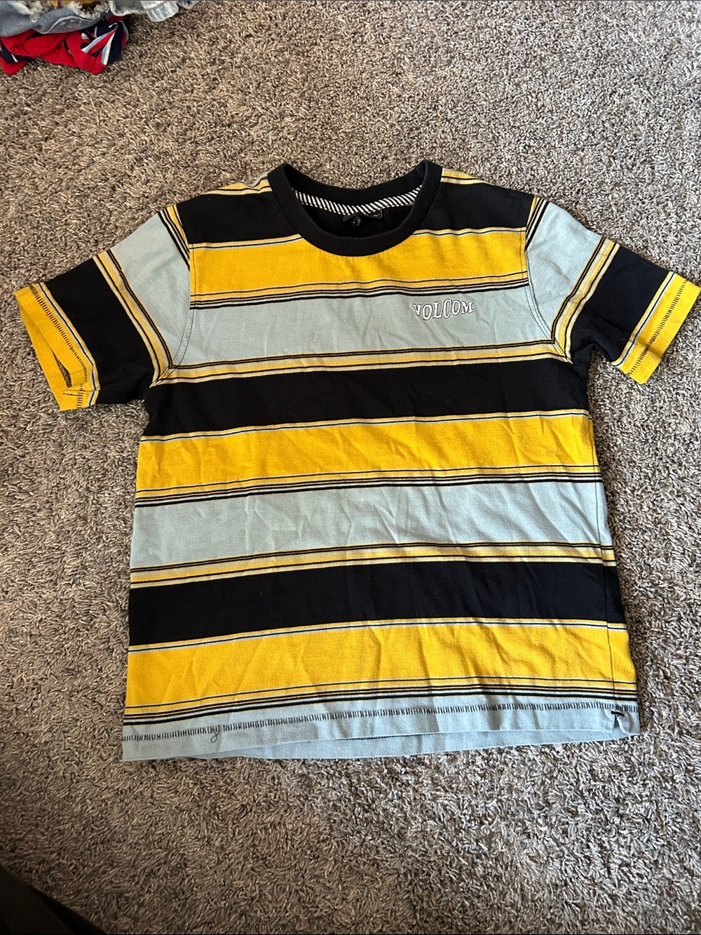 Volcom Yellow, Black & Light Blue Striped Short Sleeve Tee